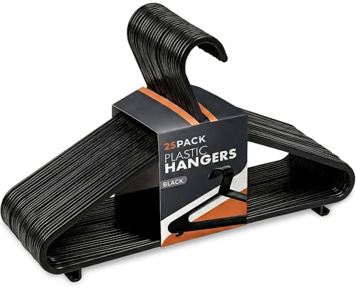 Scott 11 Plastic Coat Hangers, 25 Pack - Adult Black Strong Clothes Hangers For Clothes, Durable With Hooks For Space-Saving, Lightweight, Non-Slip, Slim Design For Trousers, Shirts & Suits