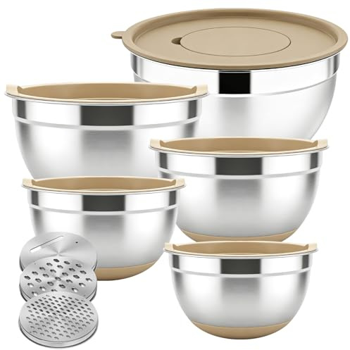 Jomdjmskes 5 Piezas Bol Acero Inoxidable, Cuencos Mezcla con Tapa, Bol Mezclador con 3 Accesorios Moler, Base de Silicona Antideslizante Ensaladeras Grandes para Servir, Picar, Aptos para Lavavajillas