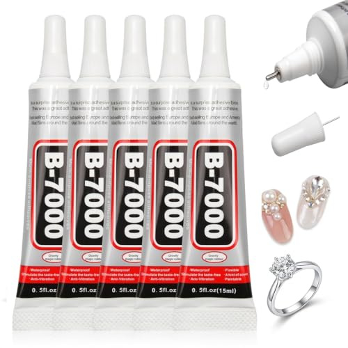 B-7000 Super Glue, 5PCS 15ML Multi Functional Glue Transparent Paste Adhesive for Jewelry Making Rhinestones Fabric Leather Metal Glass Craft Repair DIY Phone Fix for Home Crafters and Professionals