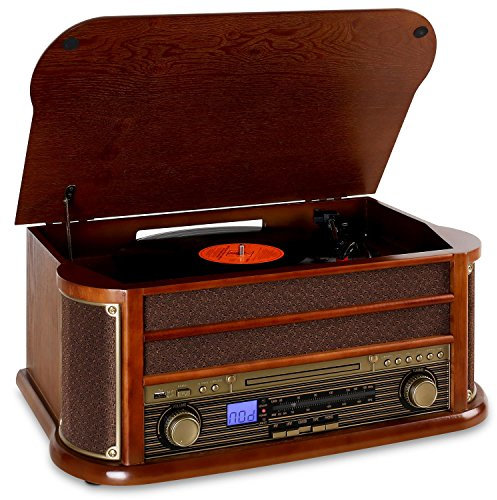 Auna Platine Vinyle Bluetooth, Tourne Disque CD & USB avec Haut Parleur, Tourne-disques Audio 33 Tours, Chaine HiFi avec Platine Vinyle en Bois, Lecteur Vinyles Vintage avec 3 Vitesses
