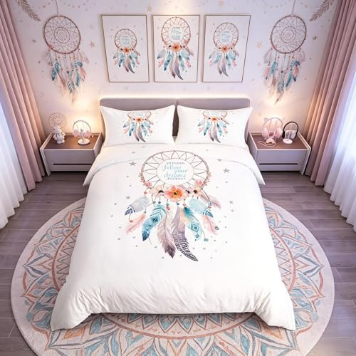 Loussiesd Dream Catcher Bedding Set King Size Follow Your Dreams Comforter Cover Decorative 3 Pieces Galaxy Duvet Cover Set Dreamy Feather Bedspread Cover with 2 Pillowcase Microfiber Zipper