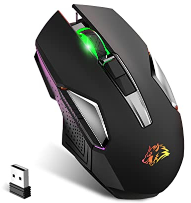 KUIYN X18 Kabellose Gaming-Maus 2,4 G, wiederaufladbar, 600 mAh Lange Lebensdauer, 7 RGB-Lichter, 2400 DPI, intelligente Energieeinsparung, leises Klicken, USB-Empfänger, optisch, für PC/Mac/PS4/XBOX
