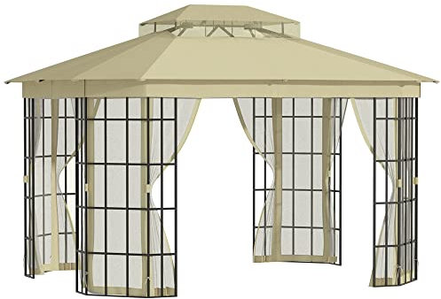 Outsunny 3.7 x 3(m) Patio Gazebo Canopy Garden Tent Shelter with 2 Tiers Roof and Mosquito Netting, Metal Frame, Beige