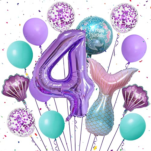 Mermaid Balloons Tail Party Decorations, Mermaid Balloon 40 Inch Number 4 Foil Balloon purple 18 Foil Balloons Set, for Girls 4th Birthday Decorations Party Supplies