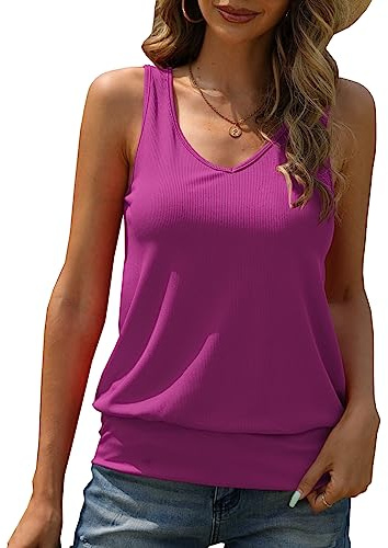 Veatzaer Women V Neck Tank Tops Summer Ribbed Sleeveless Casual Tops Loose Fit Banded Bottom Shirts Fuchsia
