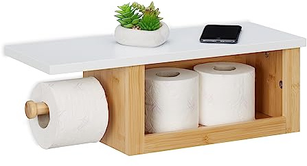 Relaxdays Portarrollos Baño Repisa, Dispensador Rollo Bambú, Compartimento Abierto, 17x50x18 cm, Pared, Natural y Blanco
