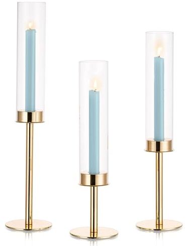 Inweder Portacandele da Tavolo con Vetro Rimovibile - Set di 3 Porta Candele da Tavolo Candelabri Candelabro Oro Portacandele a Cilindro per Matrimonio Centrotavola Design Moderno Decorazione Casa