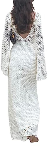 Robe Longue en Tricot Moulant Col en V Profond Manches Longues Dos Nu Pour Femme Vacances