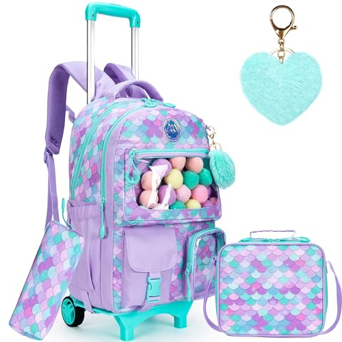 ZBAOGTW Cute Mermaid Rolling Backpacks with Wheels for Girls Aesthetic Rolling Backpack for Elementary with Lunch Box School Trolley Backpack for Girls School Supplies