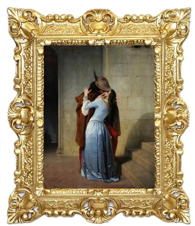 LIGUORO SHOP Quadro Il Bacio di Hayez Riproduzione Stampata su Banner Telato con Cornice Barocca cm 45x37 (Oro)