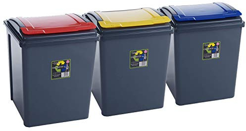 3x 50 Litres Poubelle Noir-Jaune-Bleu-Rouge, Poubelle de cuisine, Poubelle 3 compartiments, Système de tri des déchets 3 compartiments, Seau à ordures de cuisine, Poubelle 50L, Bac à ordures, Bac à