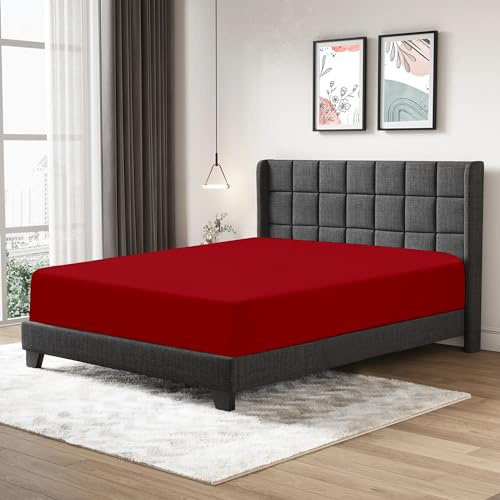 Fitted Sheet 25cm Deep Mattress Pocket 100% Egyptian Cotton 200 Thread Count Soft & Fade Resistant Bottom Fitted Bed Sheet (Red, Double)