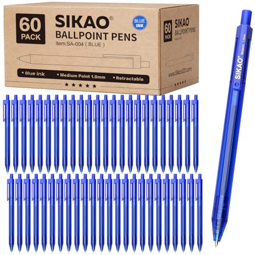 Sikao Bolígrafos azules | Paquete de 60 retráctiles | Tinta azul de punta media de 1,0 mm | Bolígrafos de escritura suave | Suministros de oficina escolar, caja de bolígrafos a granel