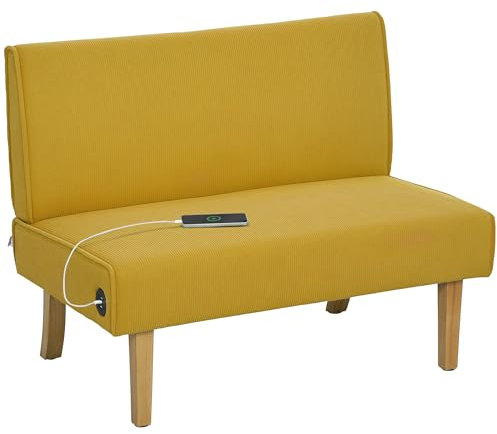 HOMCOM Sofá de 2 Plazas con 2 Puertos USB Tapizado en Pana Sofá de Salón sin Brazos con 1 Puerto Tipo-C Asiento de 20 cm y Patas de Madera Sofá Pequeño Carga 220 kg 110x60x85 cm Amarillo