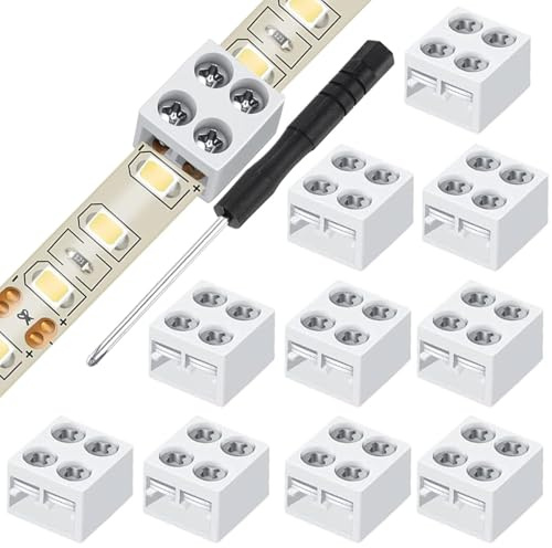 RUNCCI-YUN 10piezas conector cinta 5 V, 12 V, 24 V LED 2 pines 10 mm con destornillador (Blanco)