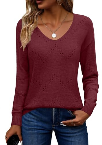 Zeagoo Suéter de Punto Elegante para Mujer Cuello en V de Otoño Suéter de Crochet Manga Larga Moda Suéter Liso Casual Tallas S-XXL