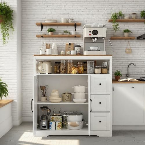WOBOPCG Aparador de cocina baja en color blanco, mueble de cocina con 3 cajones y 1 puertas, aparador buffet salón moderno, aparador blanco y madera para cocina, salón, comedor, entrada (100 x 40 x