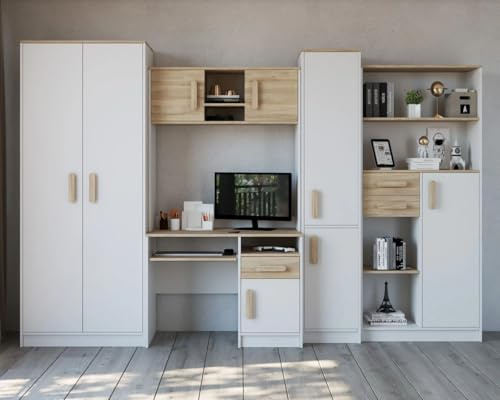 FURNIPOL MACIUS 5-Piece Modular Office Furniture Set or for Teen & Children, Includes Wardrobe, Desk, Shelves, Bookcase – Durable, Stylish, Space-Saving Design - white matt/sonoma + sonoma
