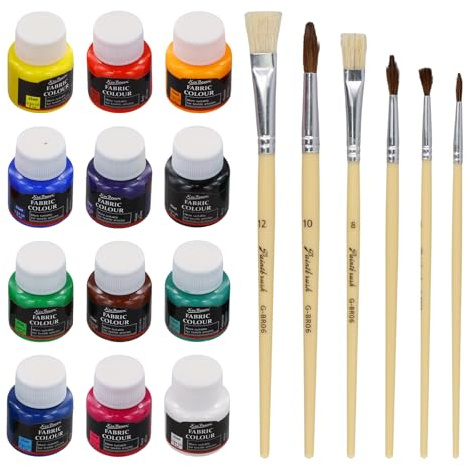 Samlonge Pintura Textil, Pintura para Tela Permanente 12 Colores x 25ml, Tinte para Ropa con 6 Pinceles, Tinte Ropa para Pintar Shirts, Camisetas, Zapatillas, Jeans, Sneakers y Cualquier Tejido