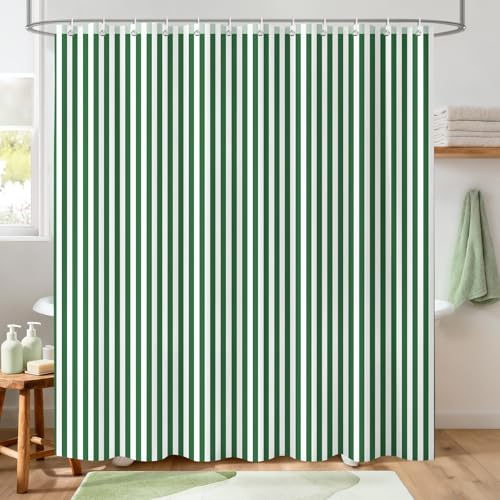Hopomoon Green and White Striped Shower Curtain,Vintage Green Vertical Striped Geometric Waterproof Polyester Fabric Bath Curtain with 12 Hooks 72 x 72 inch
