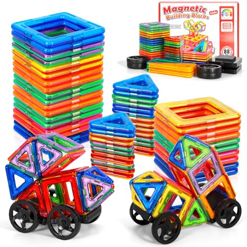 JUQG 88Pcs Bloques de Construcción Magnéticos, 3D Juguetes de Construcción Magnéticos, Juguetes Educativos de Bloques de Construcción, Regalo de Juguete Magnético para Más de 3 Niños y Niñas (88Pcs)