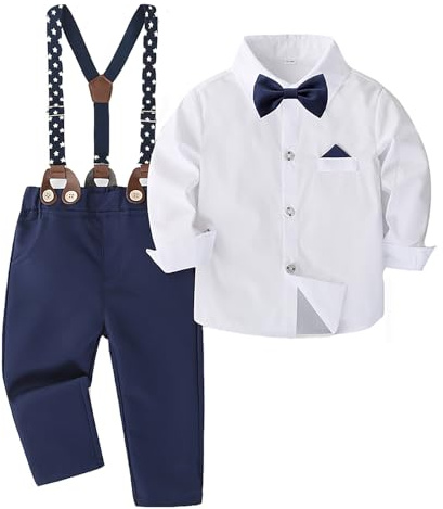 Tuta da allenamento per ragazzi Activewear Set tuta da jogging per bambini, elegante camicia bianca con bretelle, pantaloni su misura per ragazzi, bianco, 12-18 Mesi