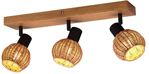 meineWunschleuchte Deckenstrahler 3-flammig Holzlampe mit Rattan Schirmen in Natur