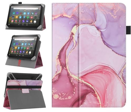HoYiXi Universal Hülle für 7-8 Zoll Samsung Galaxy Lenovo Huawei Fire Tablet Schutzhülle in Zwei Positionen verstellbar mit Ständer und Handschlaufe - Rosa Marmor