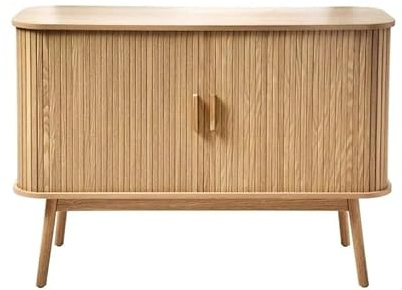 Calicosy - Buffet Vintage 2 Portes Coulissantes - Décor Bois Effet Chêne - Façade Rainurée - Panneaux De Particules - Poignées Et Pieds en Bois - Séjour, Salon, Chambre - L 110 x P 39 x H 75 cm