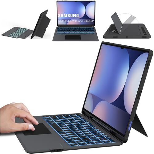 Funda con Teclado Español Ñ para 14,6 Samsung Galaxy Tab S10 Ultra/S9 Ultra/S8 Ultra: Retroiluminación de 7 colores + panel multitáctil - Teclado extraíble con función de apagado/encendido automático