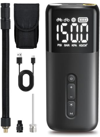 GPUTEK Mini Electric Bike Pump: Fast Inflation Portable Bicycle Pump for Presta and Schrader Valve, 150 Psi High Pressure Tire Inflator with Digital Gauge for Road Bike, Mountain Bike, E-Bike