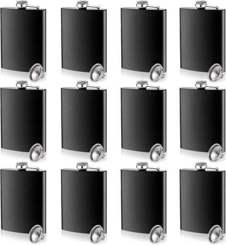 12 petacas de acero inoxidable con embudo, 240 ml, para bebidas alcohólicas, color negro, pequeño, para hombres y mujeres, regalo de whisky, ron vodka