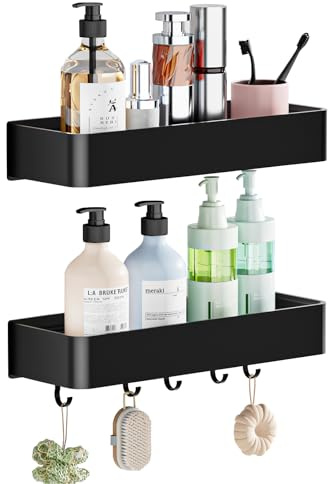 Wisfame Mensola Doccia Senza Foratura,Mensole Bagno con 5 Ganci,2 Pezzi Lmpermeabile e Antiruggine Portaoggetti Doccia, Autoadesivo Organizer Bagno,Porta Shampoo/Bagnoschiuma/Portasapone Doccia,Nero