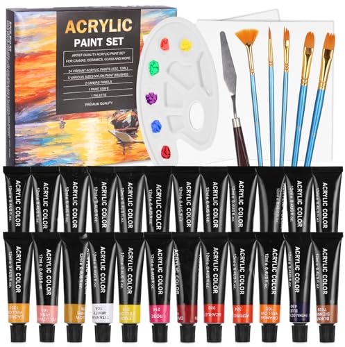 Cexovo 24 Couleurs × 12ml Tube de Peinture Acrylique Kit de Peinture Acrylique avec Pinceaux, Riche Pigmentée, Palette et Toile, Peintures pour Débutant et Artiste pour Papier, Roche, Céramique, Tissu