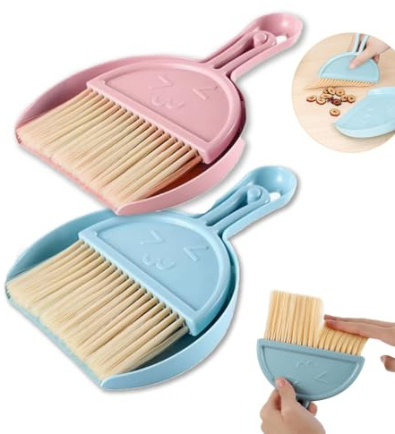 Lot de 2 mini balayettes de table avec pelle - Pelle portable - Pour le camping, la maison, le bureau, l'école et le nettoyage des animaux de compagnie (1)