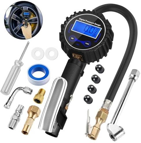 Testeur de pression d'air - Gonfleur de pneu - Avec manomètre, manomètre - Testeur de pression d'air numérique avec écran LCD rétroéclairé - Pour véhicule, moto, voiture