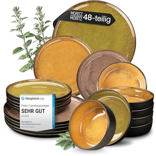 Moritz & Moritz VIDA Geschirrset 12 Personen Vintage 48-tlg. - Modernes Porzellan Geschirr Set - Kratz-, Mikrowellen- & Spülmaschinenfest, Essgeschirr, Tafelservice, Kombiservice 12 Personen