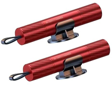 ACEBON 2 Pack Car Safety Hammer, Window Breaker and Seat Belt Cutter | Red 2-in-1 car escape tools with magnetic mounts, compact aluminium body, spring-loaded tips and seat belt cutters