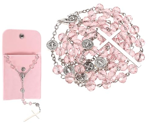 Mikovivi Rosario Rosa y Bolsa, Rosario Rosa Católico de Cristal para Mujer Collar Católico para Oración Ceremonia de Bautismo y Confirmación