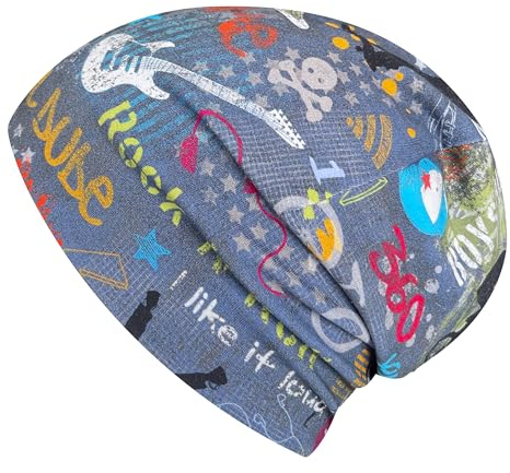 Wollhuhn Kids Beanie Hat Shorties - Cotton Double Layer Reversible - Girls & Boys - From Germany, All Seasons, Cool Stuff Denim Blue/Multi, 52-54