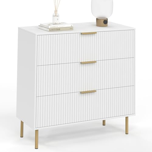 IDMarket - Commode 3 tiroirs Marcel 80 cm Lattes Blanc et doré
