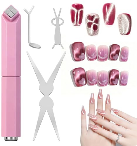 Kit de 4 aimants pour effet œil de chat avec stylo 4 en 1 et pochoirs de motifs : Outil magnétique pour vernis à ongles effet œil de chat avec motifs ciseaux, cœur et têtes de lapin pour des