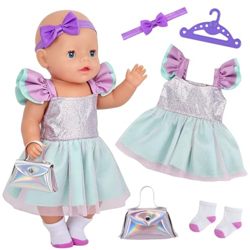 Doll Clothes for 14-18 Inch Baby Dolls, 5 Pcs Cute Baby Doll Clothes with Tulle Dress Bow Headband Bag Socks Hanger Baby Doll Accessories for 35-43cm Dolls, Birthday Gift for Girls Kids