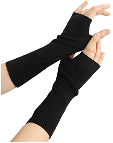 Prettystern Damen mid-lange Kaschmir Pulswärmer Arm-Stulpen fingerlose Ripp-Strick Handschuhe schwarz