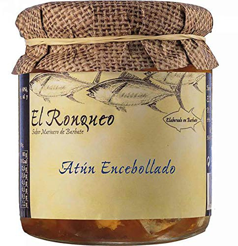 Tarro de Ventresca de Atún encebollado con Aceite de Oliva 250 gramos | Conservas de pescado El Ronqueo | Conserva gourmet elaborada con Aceite de Oliva en Barbate (España)
