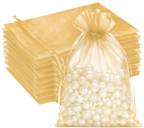 G2PLUS Gold Organza Gift Pouches 13x18 cm: Medium Favor Bags, 50 PCS | Wedding Jewelry Bags, Clear Mesh Pouches for Wedding, Christmas, Birthday, Anniversary