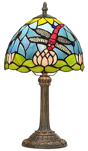 Blivuself Tiffany,Lámpara de cristal tintado, diseño de libélula de loto azul, para dormitorio, mesa de lectura, para mesita de noche, sala de estar, oficina, dormitorio, regalo, 8x8x14 pulgadas