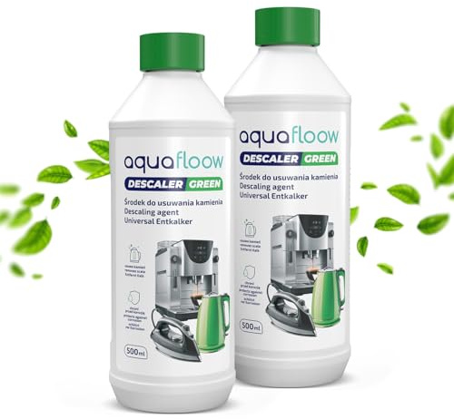 Aquafloow 2x500ml DESCALER Ekologisk Universal Flytande Avkalkare Kaffemaskin | Bästa Kalklösare, Starkt Rengörande Kalkborttagare Dusch, Strykjärn och Vattenkokare | Kompatibel med Delonghi Saeco