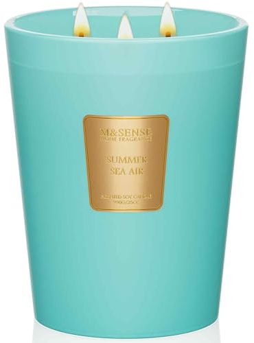 M&SENSE Sommer Meeresbrise Duftkerze im Glas groß, 990g Kerze XL 3-Docht Natürliche Sojawachskerze mit 150h langsame Verbrennung，Aromatherapie Kerze für Entspannung，Geschenkkerze für Muttertag