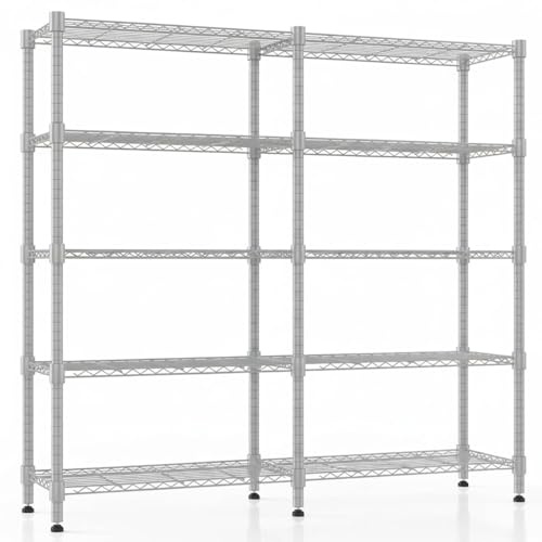 Himimi Scaffale metallico a 5 ripiani per lo stoccaggio, Unità di scaffalatura in filo regolabile, Ripiani robusti con piedini livellanti, Scaffale portaoggetti per camera da letto152*35*183cm Argento